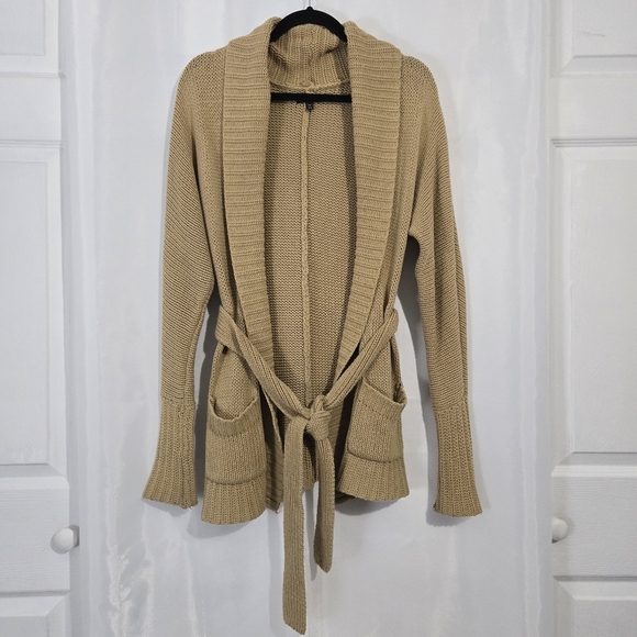 Express Chunky Knit Tan Open Front Belted Slouchy Oversized Sweater Cardigan XS - Picture 1 of 9